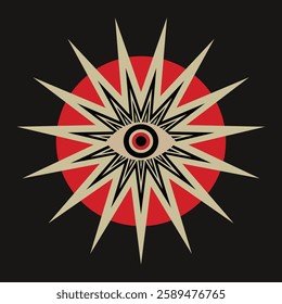 Abstract design featuring a stylized eye at the center of a starburst pattern with a red circle background. Eye and starburst create a bold, striking visual. Star element vector.