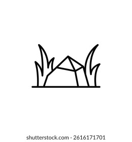 Abstract design featuring a stylized rock with greenery in linear style