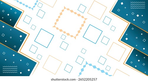 An abstract design featuring teal and gold geometric shapes on a white background.  Squares of varying sizes and shades are arranged in a dynamic, overlappin...