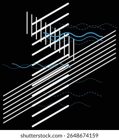 Design abstrato com diagonal branca espessa e linhas verticais intercaladas com linhas onduladas azuis finas e tracejadas em um plano de fundo preto
