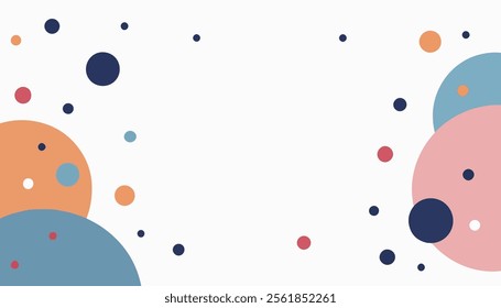 An abstract design featuring a variety of colorful circles and dots scattered across a light background. 