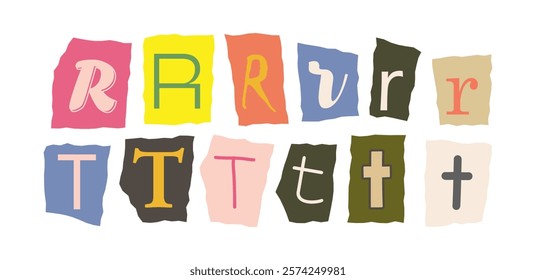 Abstract design featuring various R and T letters in creative fonts on colorful torn paper backgrounds. Modern and artistic concept. Vector illustration