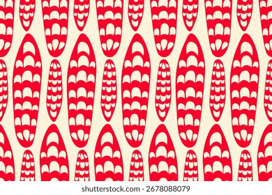 Abstract design featuring vertical rows of stylized, bulbous forms in red. A minimalist, graphic pattern with organic, elongated elements. design  for textile design, fabric, wallpaper, covers, cards