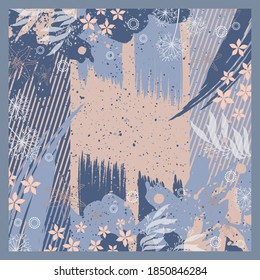 Abstract design with floral ornament and brush strokes on blue color. Fashion print for a scarf pattern, headscarf, hijab motif
