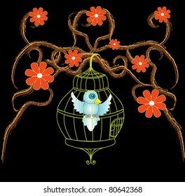 Abstract design with flowers and bird cage