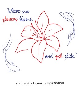 An abstract design of flowers and fish, symbolizing harmony in nature, with a quote like "Flow with the current of life, like petals on the wind."