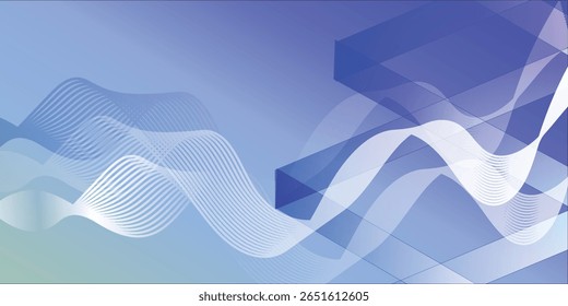 Abstract design with flowing lines and translucent shapes in shades of blue and white.
