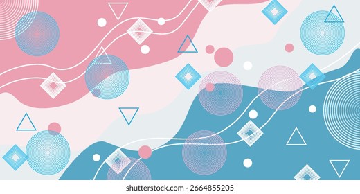 Design abstrato com formas fluindo em rosa e azul, com círculos, triângulos e quadrados.