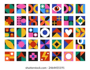 Diseño Abstractas. Forma geométrica, figura de geometría, patrón de bloque. Icono funky del arte de Bauhaus, azulejo de la forma básica, color del collage. Diseño de logotipo o emblema. Ilustración cuadrada de Vector de tarjeta mínima ordenada