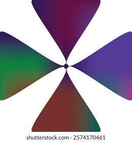 Abstract design with four symmetrical gradient shapes in purple, green, and red on a white background, resembling petals or wings.