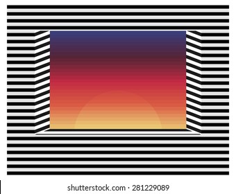 Abstract design  - freedom outside prison. Half circle sunset on colorful sky in window.