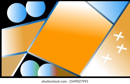 Abstract design with geometric shapes and colors. With orange, white, and blue colors, along with some blue circles. Black background.