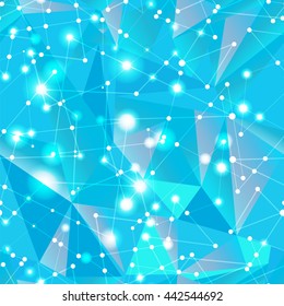 Abstract design with geometric shapes and space motive - the bright stars on a dark blue background - vector seamless pattern