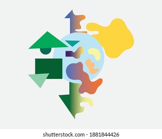 Abstraktes Design mit geometrischem Quadrat, Dreieck, Kreis und kurvigen Formen. Links- und Rechtsunterschied, cool bis warm. Grün, Blau, Rot, Gelb, Orange und Rot auf weißem Hintergrund.
