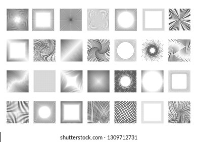 Abstract design geometrical grid line dots cut halftone twirl frames background set vector illustration