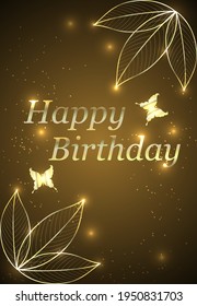 Abstract design of glowing butterflies, leaves and text on a dark background. Vector. Postcard.