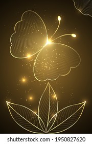 Abstract design of glowing butterfly and leaves on a dark background. Vector.