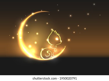Diseño abstracto de un contorno brillante de un gato y un semicírculo sobre un fondo oscuro. Vector.