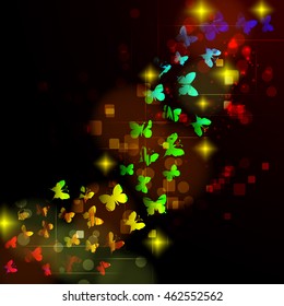 Abstract design with glowing nocturnal butterflies on a dark background. Vector illustration.