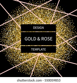 Abstract design with gold glitter and pink shapes on black background. Modern and stylish invitation, greeting card, packaging design.