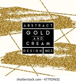 Abstract design with gold glitter shapes on cream background. Modern and stylish invitation, greeting card, packaging design.