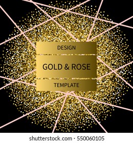 Abstract design with gold glitter shapes on black background. Modern and stylish invitation, greeting card, packaging design.