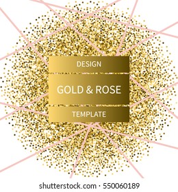 Abstract design with gold glitter shapes on white background. Modern and stylish invitation, greeting card, packaging design.