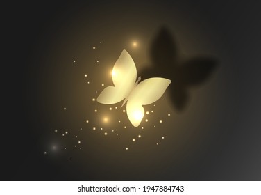 Abstract Design. Gold Glowing Butterfly With Dots On A Dark Background.