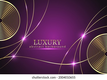 Diseño abstracto de líneas doradas con brillantes resúmenes y anillos sobre un fondo morado.