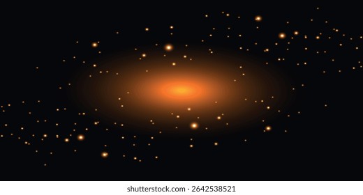 an abstract design with a golden-orange light flash in the center on a black background, surrounded by scattered light dots that create the effect of stars or sparks.