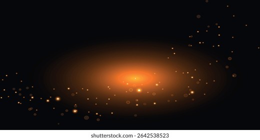 an abstract design with a golden-orange light flash in the center on a black background, surrounded by scattered light dots that create the effect of stars or sparks.
