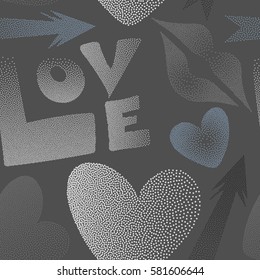 Abstract design in gray colors. Vector illustration. Valentine's day seamless pattern with kiss, love word and hearts in motley colors.
