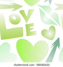 Abstract design in green colors. Vector illustration. Valentine's day seamless pattern with kiss, love word and hearts on a white background.