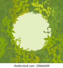 Abstract design with green leaf silhouette card for your text in circle. Vector