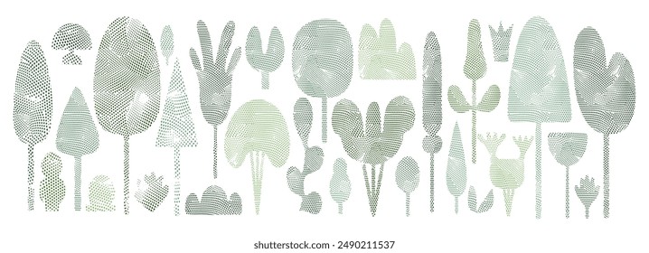 Abstract design halftone dot and floral pattern: vector leaves, palm shape, tropical plant. Modern geometric art featuring green vegetation, spring flower, vintage nature element for summer background