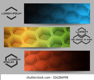 Abstract Design Hexagonal Shapes Banner or header set. Three color variations and separated  logo samples. Isolated on grey. Free font used.