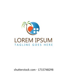 Abstract design home in orange circle with palm tree. Home design symbol in flat style. Vector illustration EPS.8 EPS.10