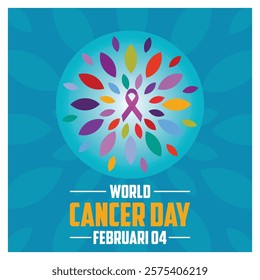 Abstract design honoring World Cancer Day with colorful shapes and symbolic purple awareness ribbon on February 4. Flat vector modern illustration 