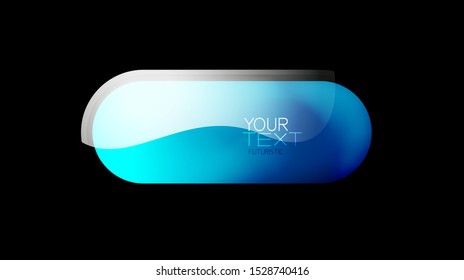 Abstract design icon, glass glossy style logo element. Techno futuristic geometric round shape frame with some text. Business metallic modern template. Vector art