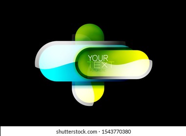 Abstract design icon, glass glossy style logo element. Techno futuristic geometric round shape frame with some text. Business metallic modern template. Vector art