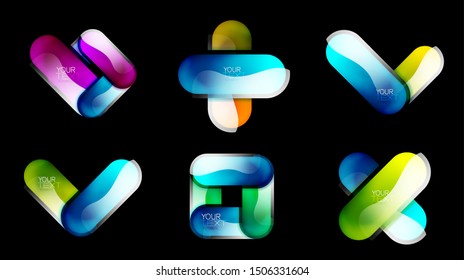 Abstract design icon set, glass glossy style logo elements. Techno futuristic geometric round shape frames with some text. Business metallic modern templates. Vector art