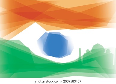 Diseño abstracto de la bandera india y la silueta del Taj Mahal en formas geométricas.
