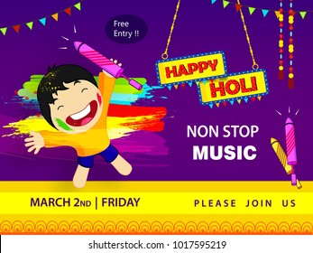 Abstract design of Indian hindu festival Holi , festival of colors  , editable vectors composed of happy kid playing holi  , water color with splash and Text of Happy Holi non stop music 