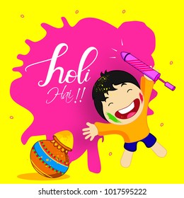 Abstract design of Indian hindu festival Holi , festival of colors  , editable vectors composed of happy kid , water color with splash and Text of Holi hai