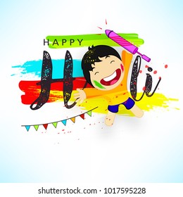 Abstract design of Indian hindu festival Holi , festival of colors  , editable vectors composed of happy kid , water color with splash and Text of Happy Holi 