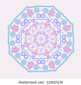 Abstract design in indian mandala style with paisleys in pink and blue colors