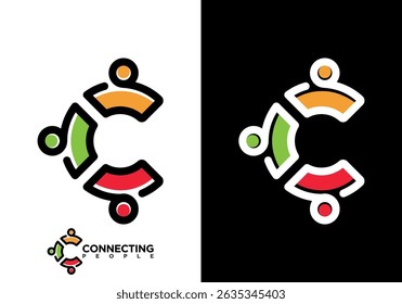 Abstract Design Initial Letter C with People Logo. Colorful Geometric Shapes Isolated on White Background. Flat Vector Logo Design Template Elements. Cooperation Or Teamwork Logo