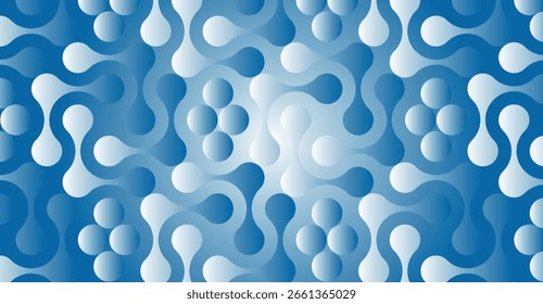 Abstract design with interconnected, flowing shapes and circles in shades of blue and white.