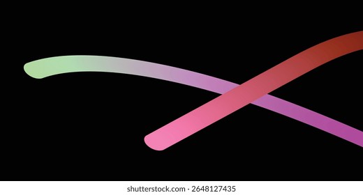 Abstract design with intersecting gradient lines on black background. A striking abstract image featuring two intersecting, flowing lines with vibrant gradients of pink, red, and light green on a soli
