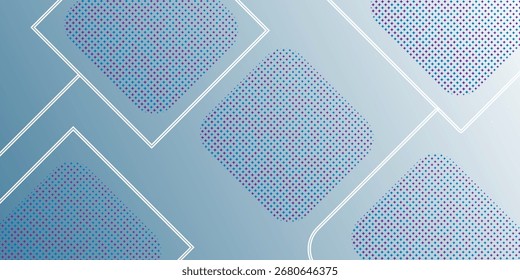 Abstract design with large rounded rhombus shapes on a soft blue gradient. Filled with pink, purple, and blue halftone dots, accented by bold white lines for depth and digital structure.